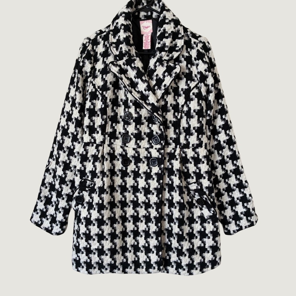 Candie's Womens XL Houndstooth Pea Coat Black White Wool Blend Double Breasted
